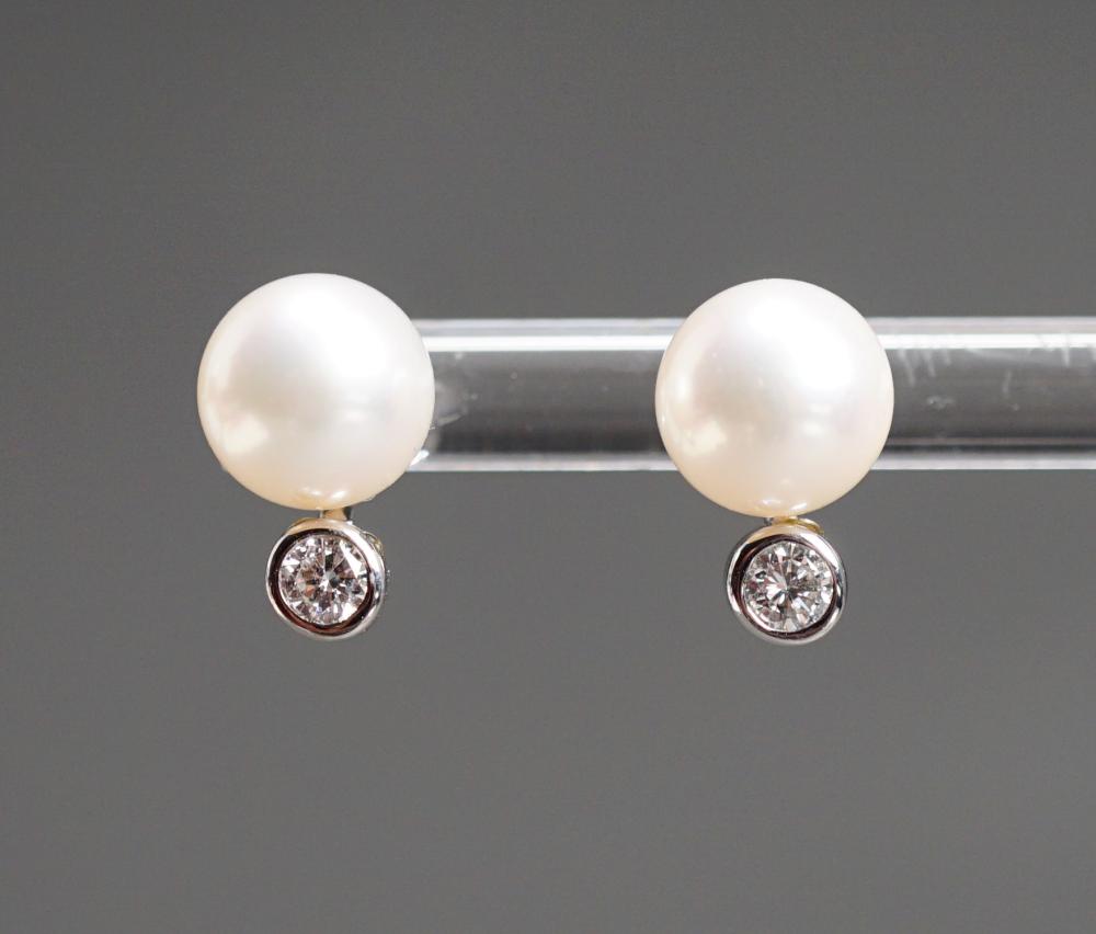 Appraisal: Pair of -Karat White-Gold Pearl and Diamond Pierced Earrings Pearls