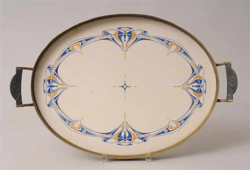 Appraisal: GERMAN JUGENDSTIL PATINATED-METAL MOUNTED GLAZED STONEWARE BOWL DESIGNED BY EMMY