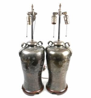 Appraisal: Pair of Chinese Pewter Table Lamps Pair of Chinese pewter