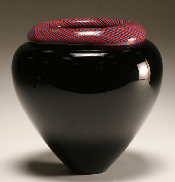 Appraisal: Lino Tagliapietra black art glass vase Blue and red striped