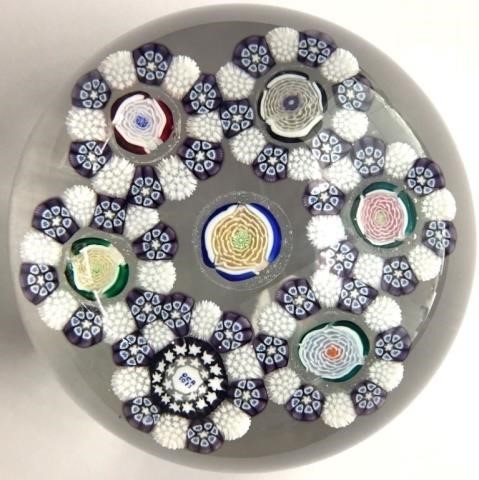 Appraisal: JOHN DEACONS MILLEFIORI PAPERWEIGHT SIGNED CONTEMPORARY MAKER DIAMETER STAR CUT