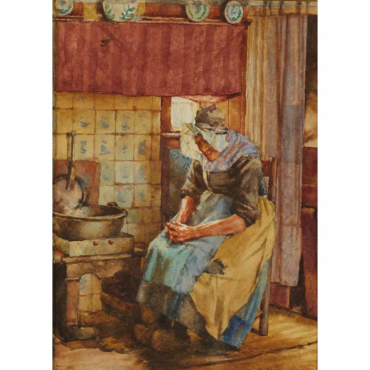 Appraisal: Walter Langley - British OLD WOMAN BY THE HEARTH Watercolour