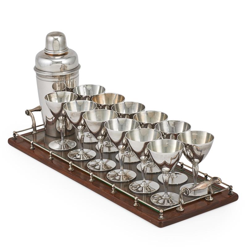 Appraisal: TIFFANY CO STERLING COCKTAIL SET WITH TRAY Fourteen pieces Martini