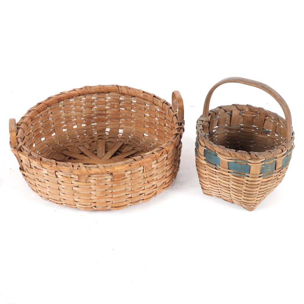 Appraisal: TWO VINTAGE WOVEN BASKETS LARGE SPLIT OAK GATHERING BASKET WITH