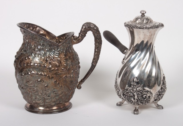 Appraisal: American silver-plated pitcher chocolate pot late th century repousse pitcher