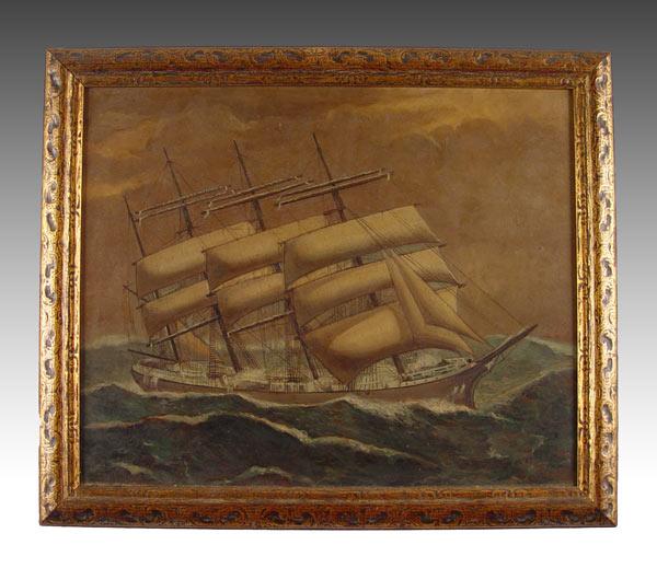 Appraisal: BRAVO N Folk art painting of clipper ship on rolling