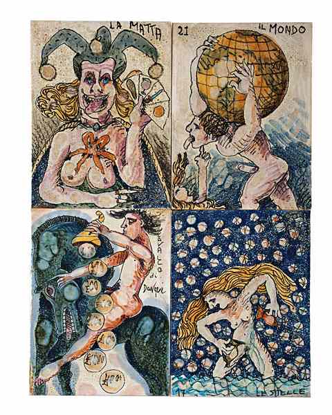 Appraisal: Enzo Borgini Italy Four Tarot Cards The Joker The World