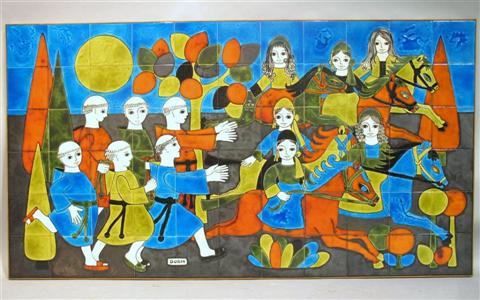 Appraisal: DODIK JEGOU CERAMIC TILE ART PIECE SIX FILLES VIERGES SUR