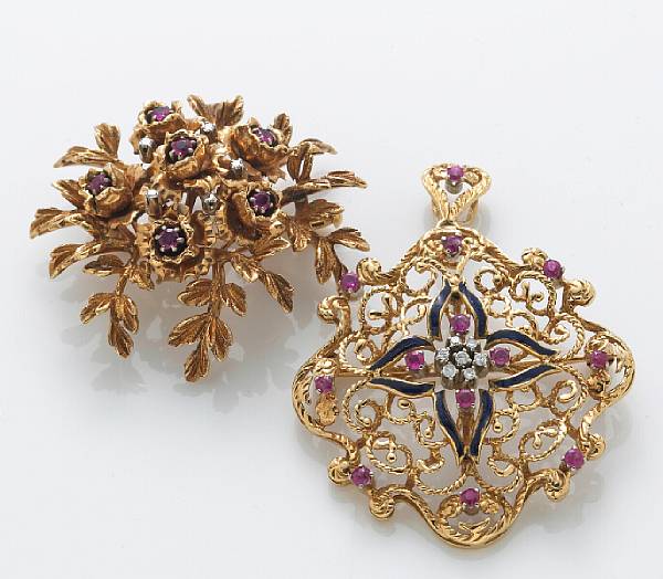 Appraisal: Two diamond ruby enamel and k gold brooches