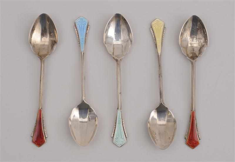 Appraisal: SET OF TWELVE ENGLISH SILVER DEMITASSE SPOONS WITH ENAMELED HANDLES