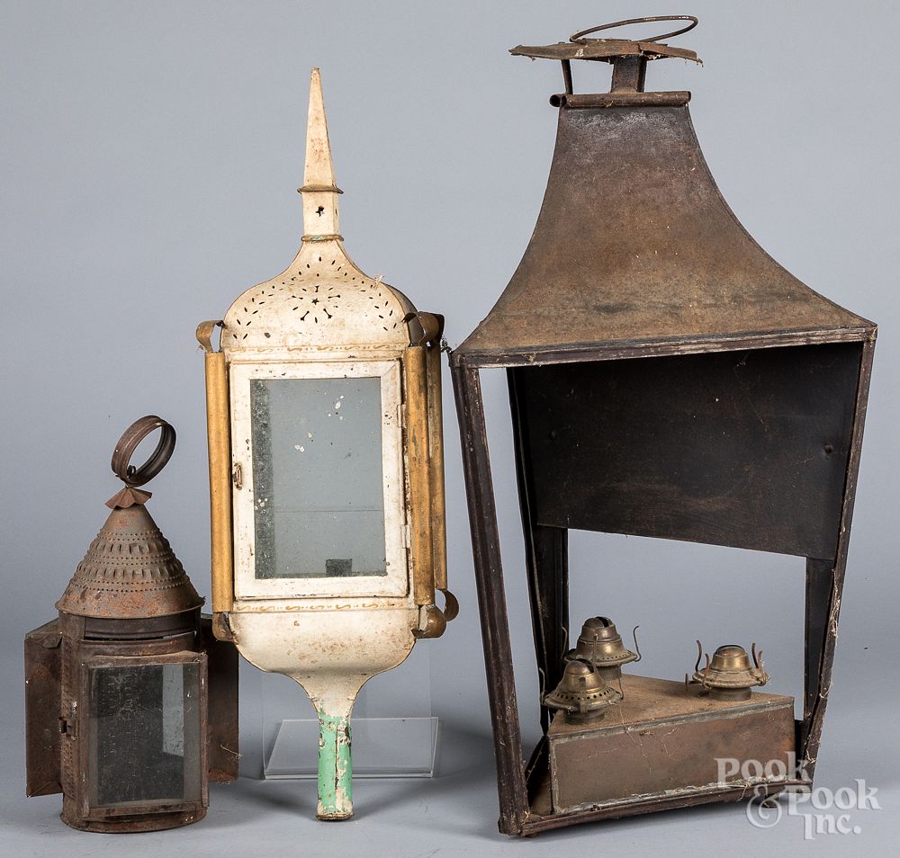 Appraisal: Three tin lanterns th c Three tin lanterns th c