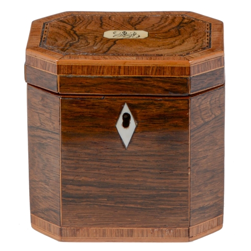 Appraisal: A George III rosewood tea caddy of cut cornered shape