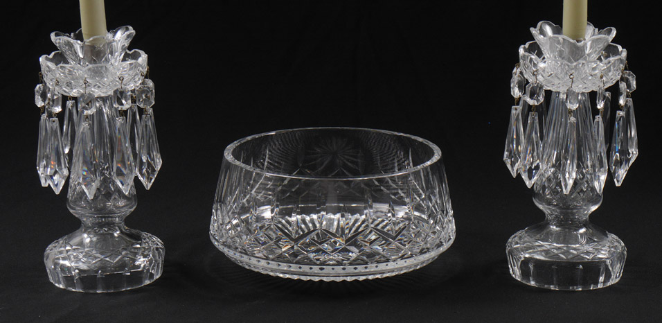 Appraisal: WATERFORD CRYSTAL BOWL AND CANDLE STICKS Candle sticks with prisms