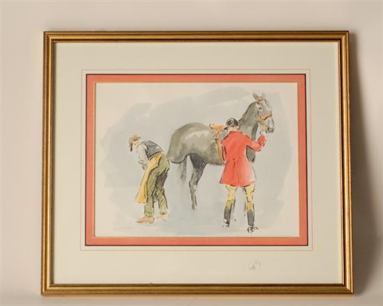 Appraisal: Print of Horses Jockey and Horseshoe Man framed x