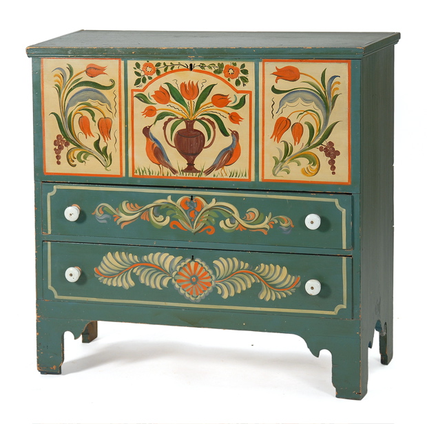 Appraisal: ANTIQUE AMERICAN PAINTED LIFT-TOP BLANKET CHEST th CenturyDecorated by Axel