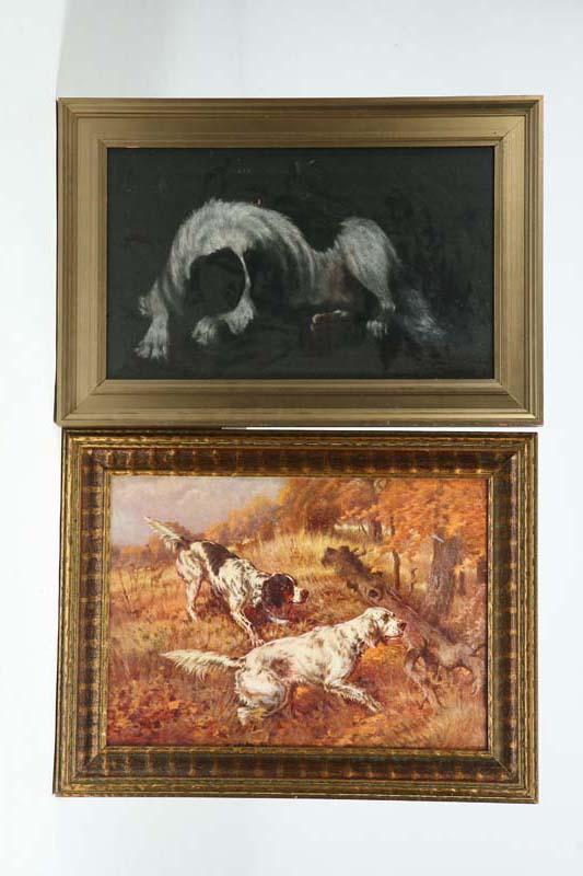 Appraisal: TWO FRAMED PICTURES OF DOGS Oil painting of a black