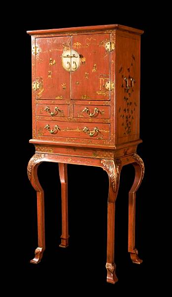 Appraisal: A Chinese red lacquered cabinet on later stand cabinet th