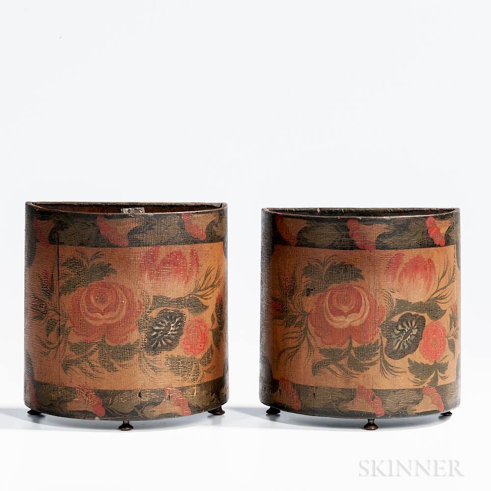 Appraisal: Pair of Paint-decorated Demilune Boxes Pair of Paint-decorated Demilune Boxes