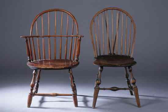 Appraisal: TWO AMERICAN WINDSOR CHAIRS th century Hoop-backs turned spindles shaped