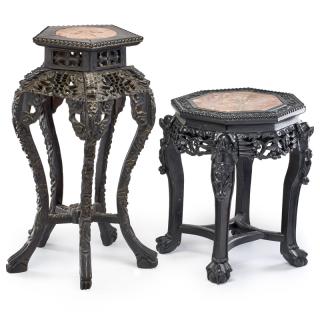 Appraisal: TWO CHINESE HARDWOOD STANDS Each with marble inset tops and