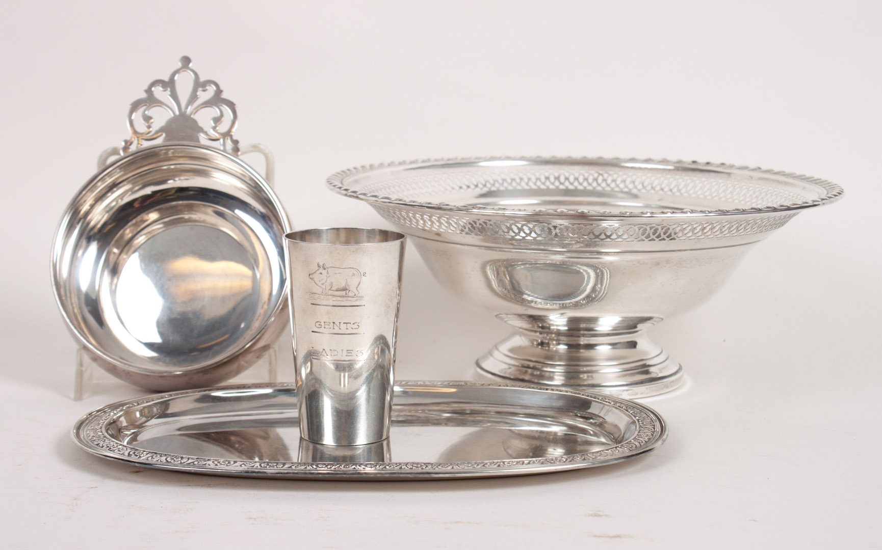 Appraisal: Four sterling silver weighted silver articles including Lunt porringer Stieff