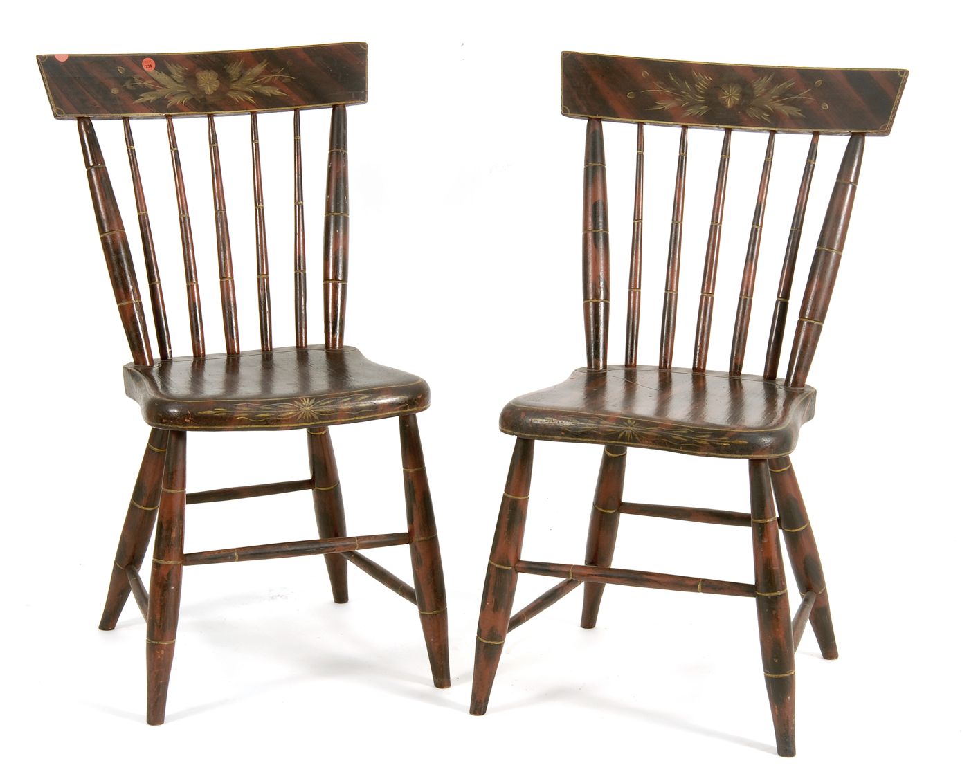 Appraisal: PAIR OF ANTIQUE AMERICAN PLANK-SEAT SIDE CHAIRS With grain-painted and