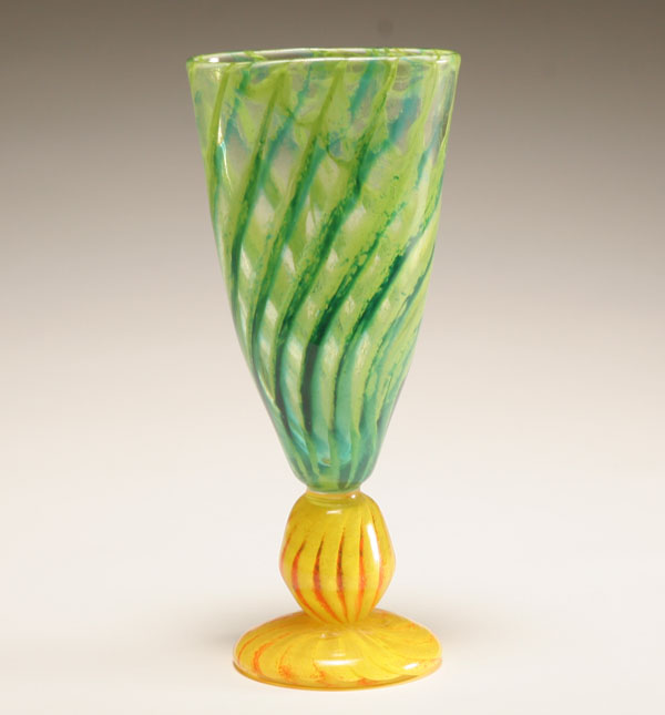 Appraisal: William R Rector green and yellow goblet form glass vase