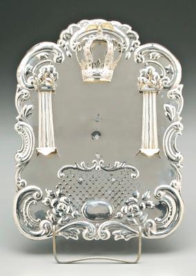 Appraisal: Sterling Torah shield arched back panel with applied crown and