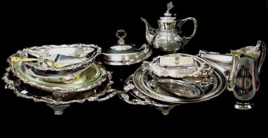 Appraisal: Silver plate large trays Victorian coffee pot covered caserole dish