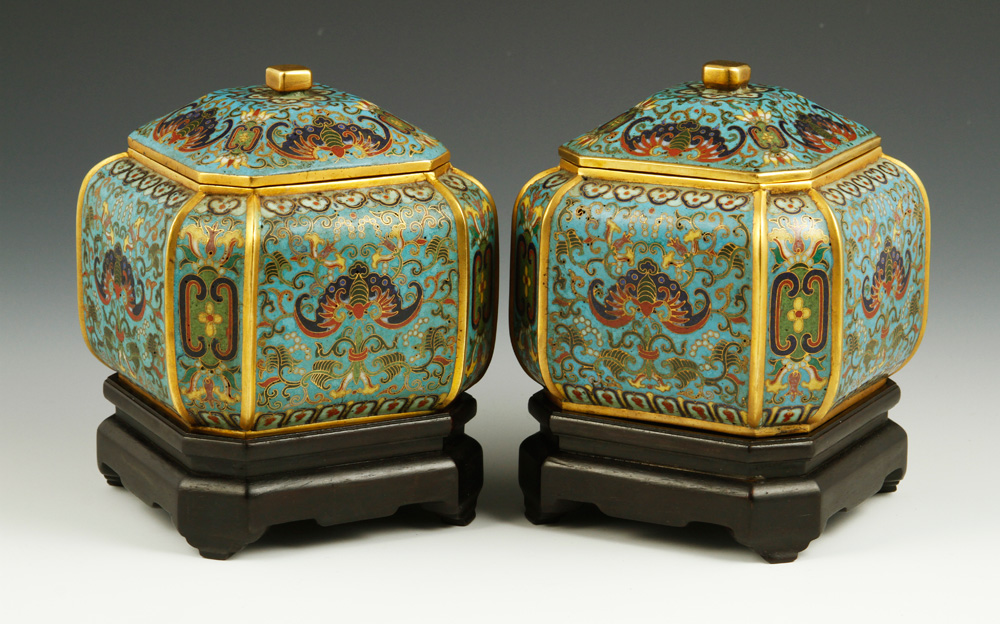 Appraisal: - Pr Chinese Gilt Cloisonne Go Boxes Pair of gilt