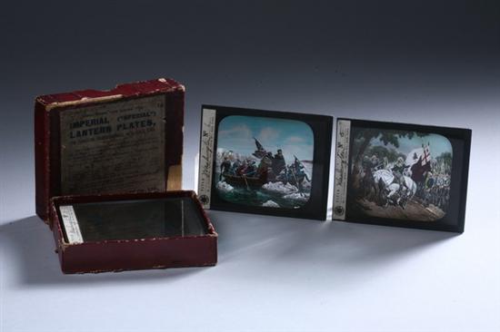 Appraisal: IMPERIAL LANTERN PLATES BOXED Including images by Currier and Ives