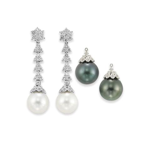 Appraisal: Pair of Diamond and Black and White Cultured Pearl Pendant-Earrings