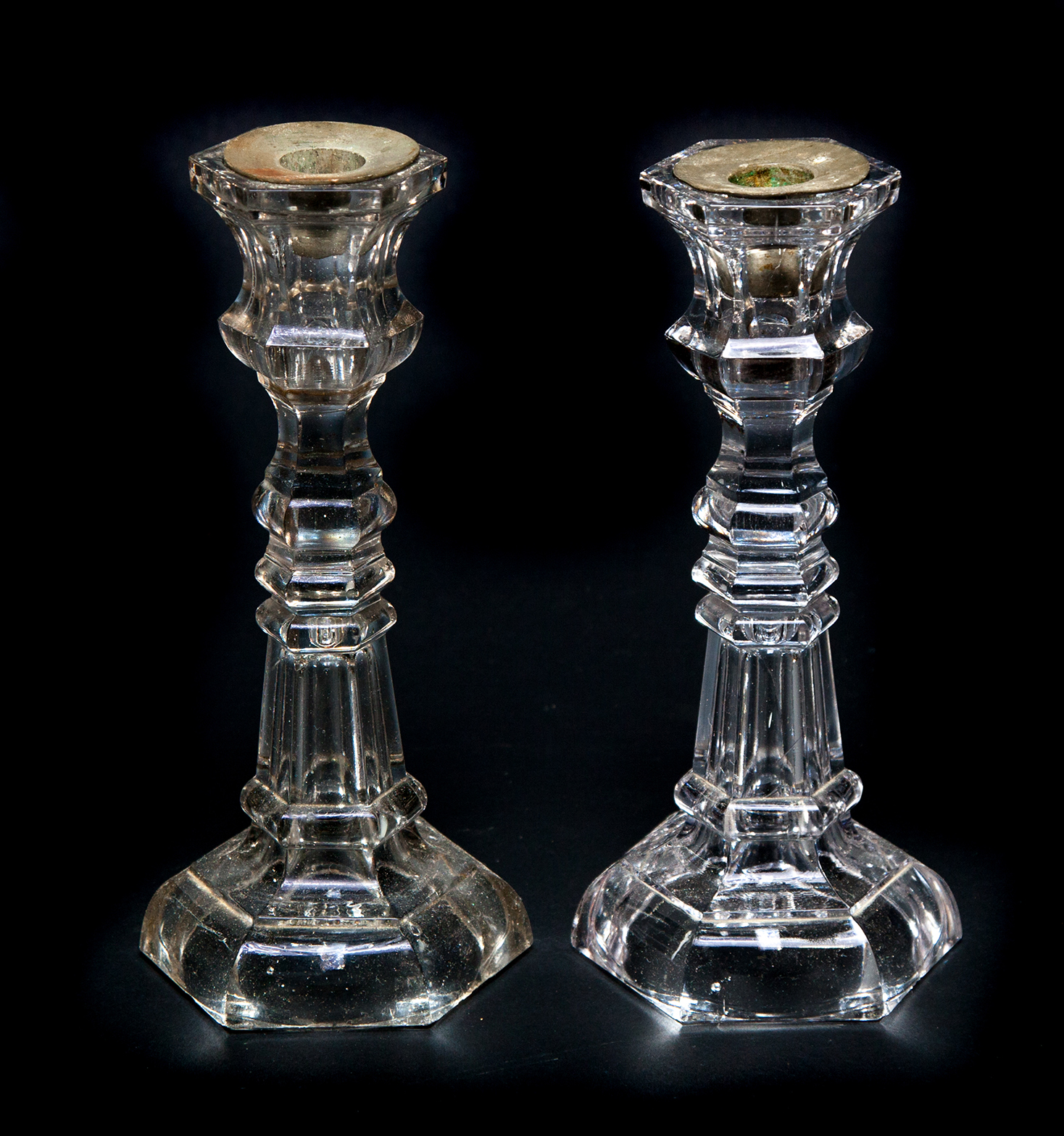 Appraisal: PAIR OF FLINT CLEAR GLASS CANDLESTICKS American mid th century