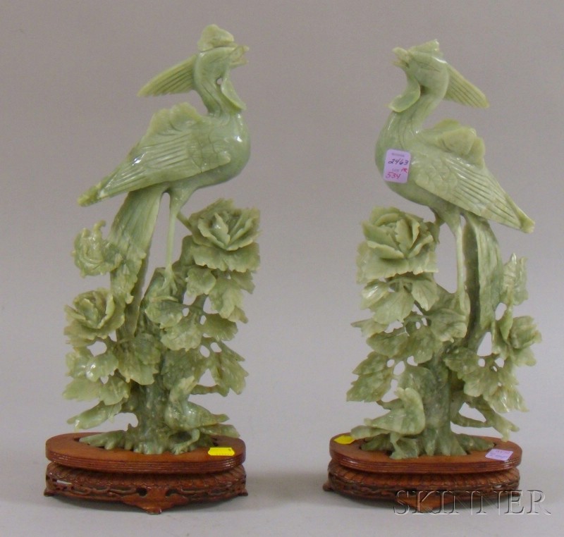 Appraisal: Pair of Asian Carved Green Hardstone Phoenix Figures ht in