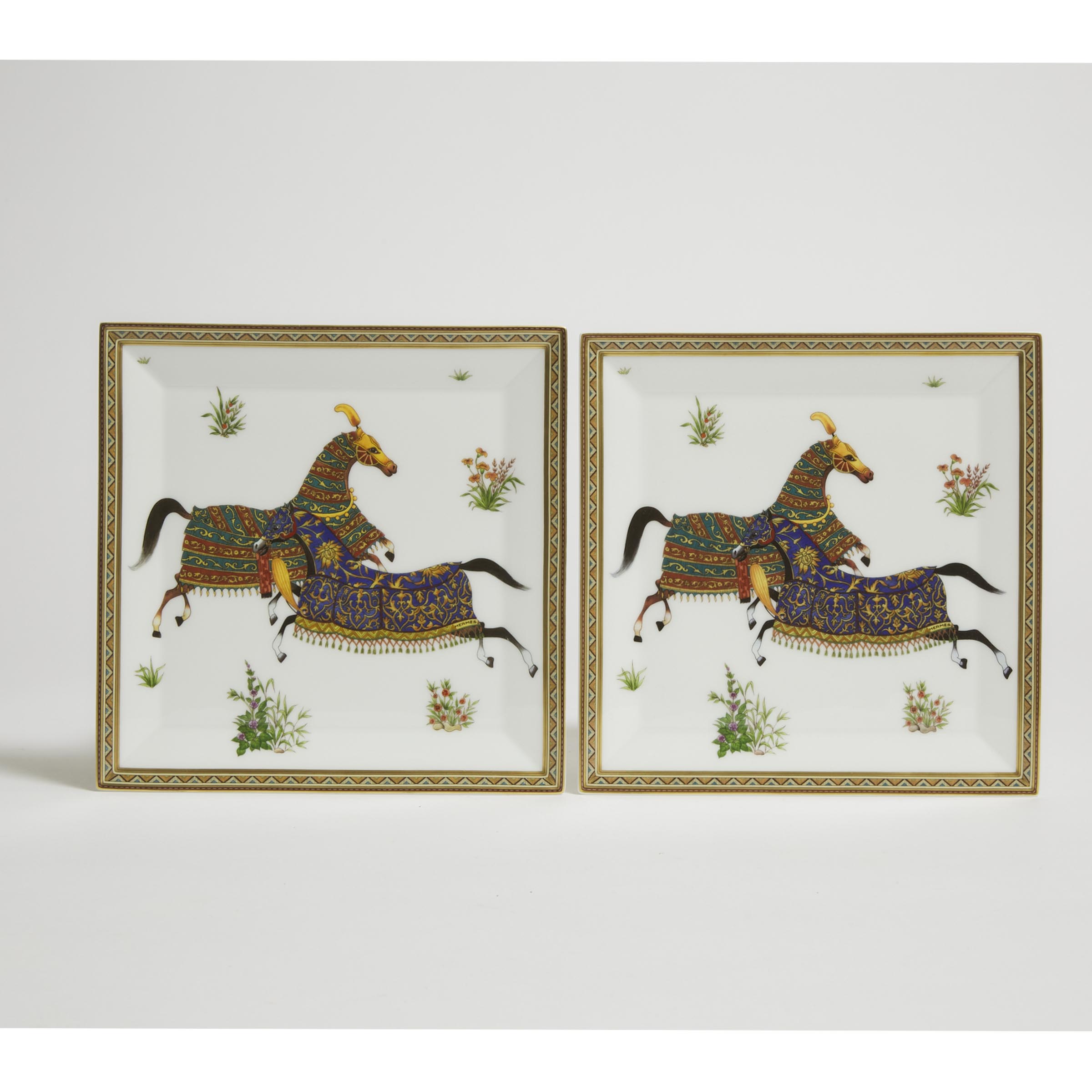 Appraisal: A Pair of 'Cheval d'Orient' Porcelain Square Dishes Herm s