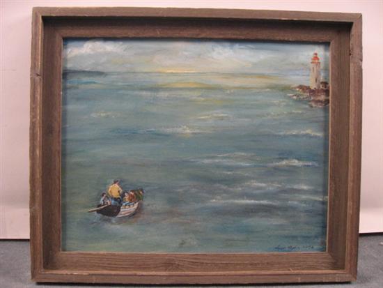 Appraisal: Lynn Alpha Lighthouse Oil on canvas In driftwood frame Signed