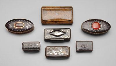 Appraisal: Seven snuff boxes wood horn leather with hinged lids two