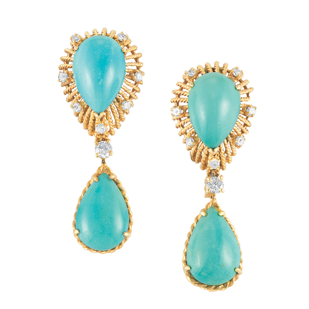 Appraisal: Pair of Gold Turquoise and Diamond Pendant-Earclips kt pear-shaped turquoise