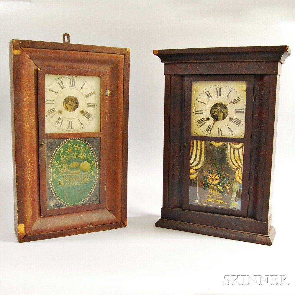 Appraisal: Two Mahogany Veneer Shelf Clocks a Jerome clock with reverse-painted