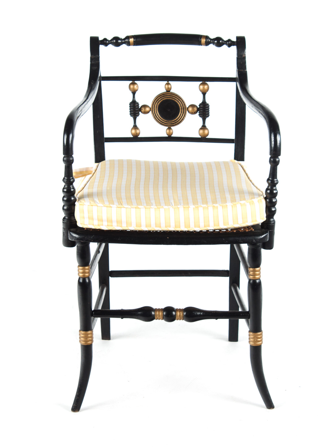 Appraisal: Regency ebonized wood caned seat armchair circa rolling pin crest