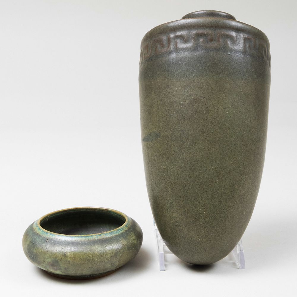 Appraisal: Fulper Pottery Small Green Glazed Dish and a Wall Pocket