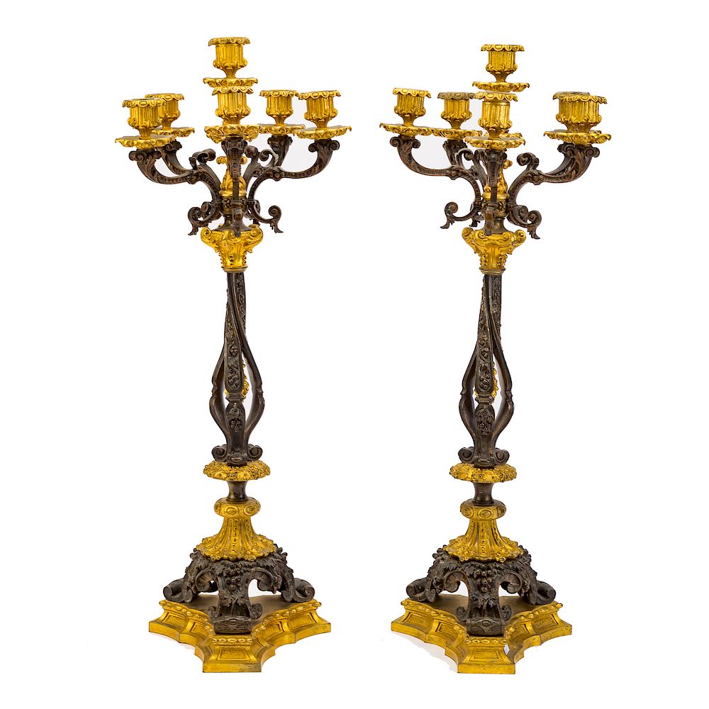 Appraisal: Pair Charles X Style Six-Light Bronze Candelabra th century gilt-bronze