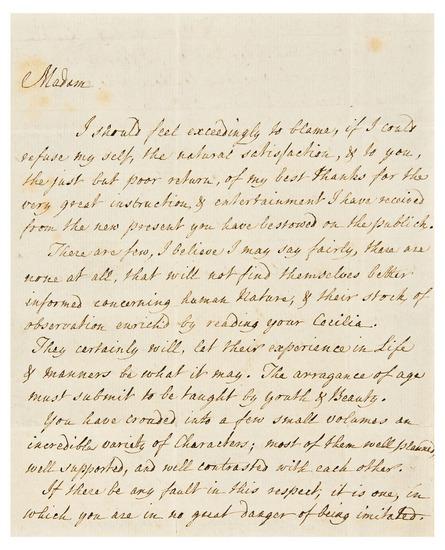 Appraisal: BURKE Edmund - Important manuscript letter to Fanny Burney lauding