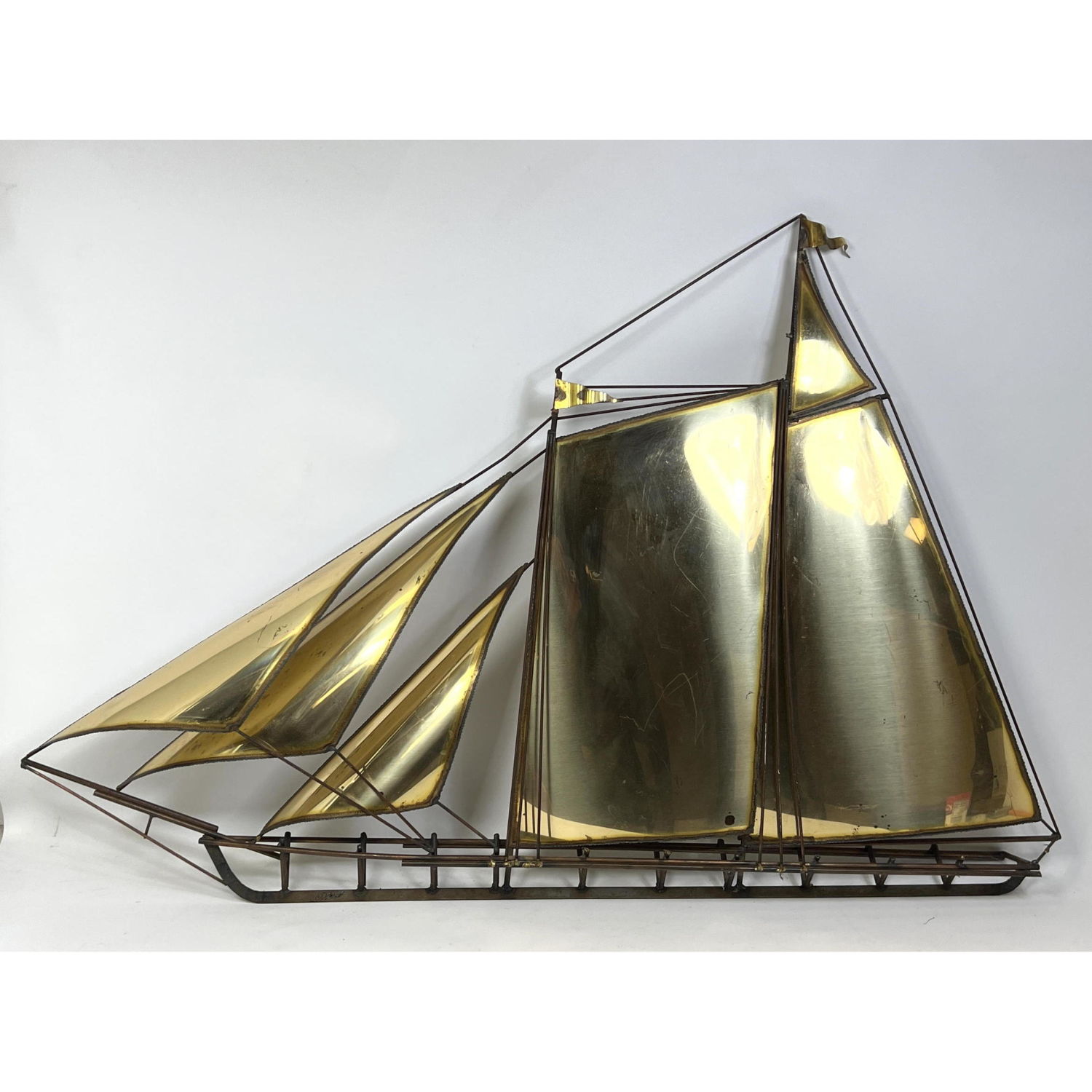 Appraisal: Signed DeMott Brass Sailboat Wall Sculpture Black Iron Trim Signed