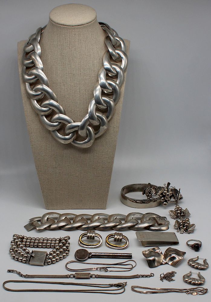 Appraisal: JEWELRY Grouping of Sterling Jewelry Includes a Mexican sterling large