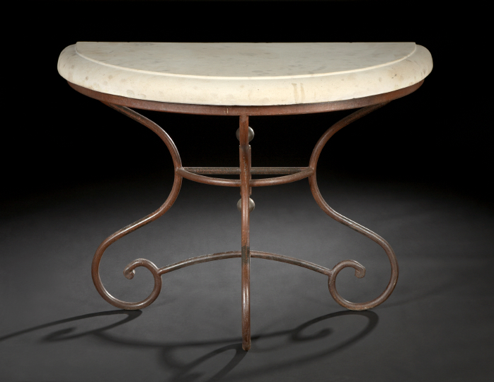 Appraisal: Wrought-Iron and Sandstone-Top Side Table the demi-lune thick sandstone top