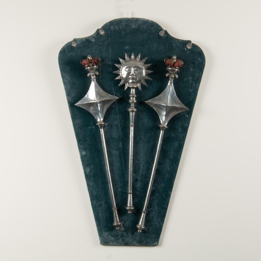 Appraisal: THREE ODD FELLOWS CEREMONIAL SCEPTERS MOUNTED ON VELVET A set