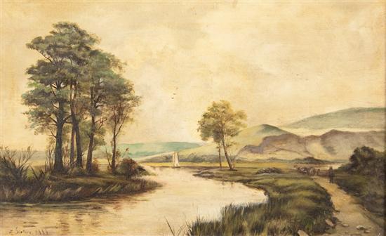 Appraisal: F Sartora th century River Landscape oil on canvas mounted