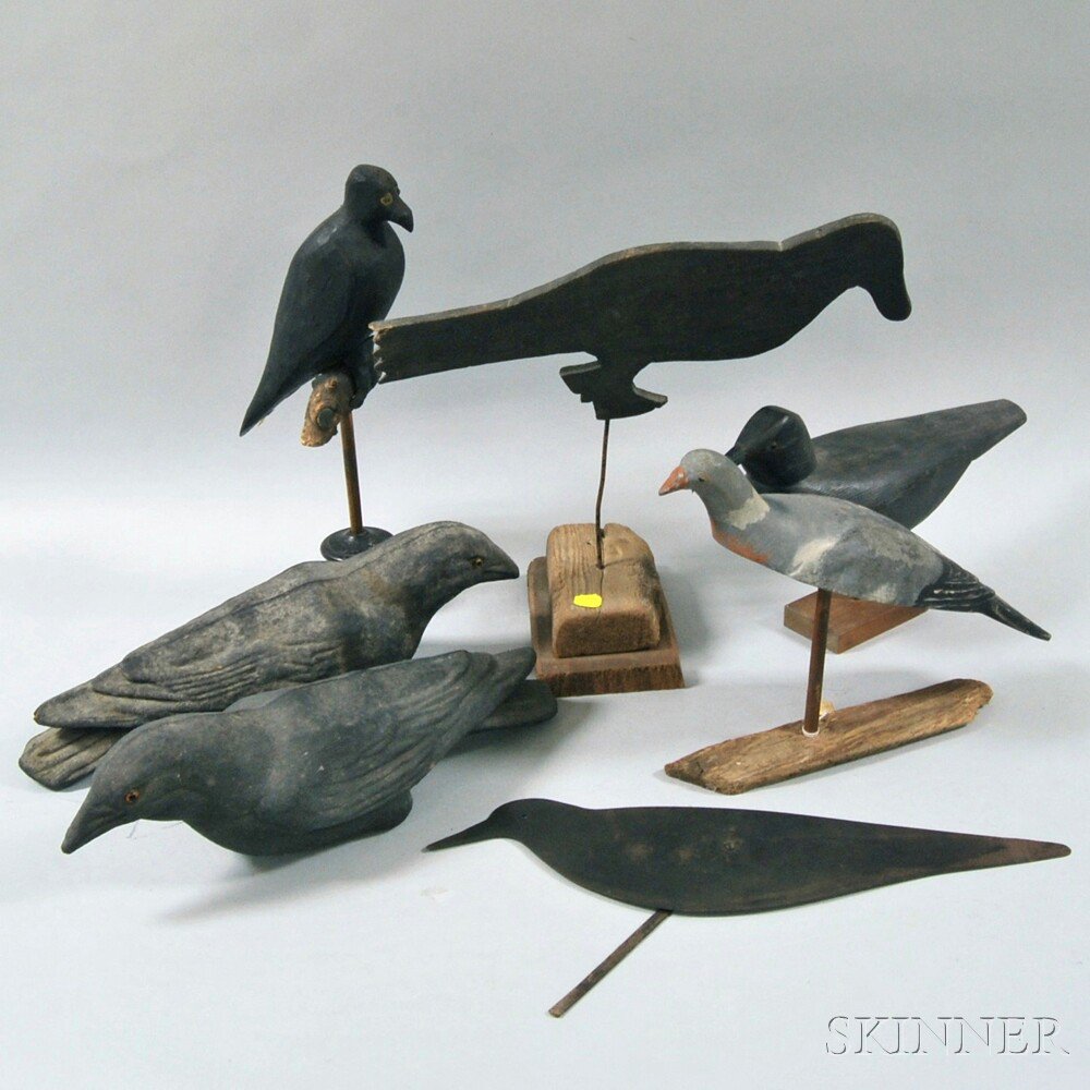 Appraisal: Seven Mostly Crow Decoys including a pair of papier-mache crows