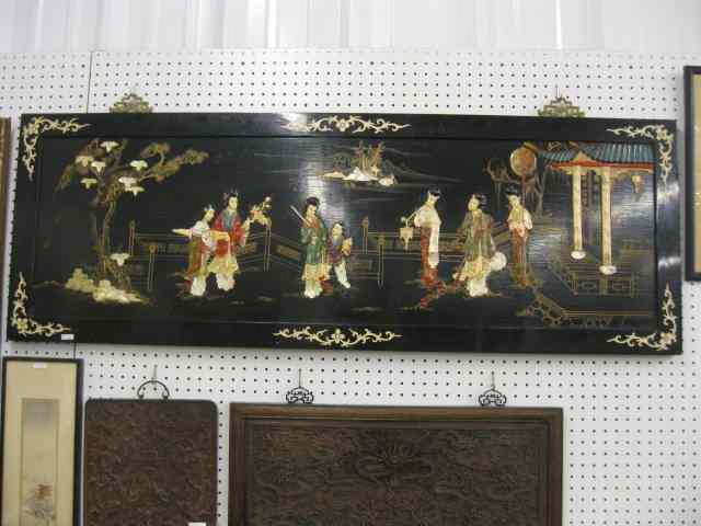 Appraisal: Chinese Lacquerware Panel applied hardstonesand abalone with villagers '' x